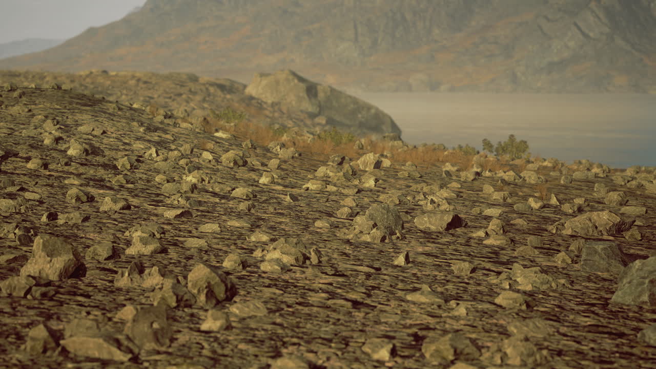 Stones and serenity on a remote shoreline of a peaceful lake