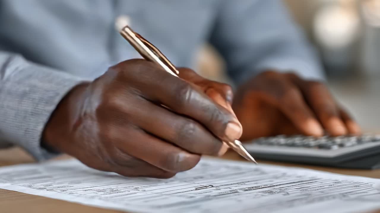 Persona concentrata che compila documenti importanti con penna e calcolatrice, sottolineando l'attenzione ai dettagli e la precisione nel proprio lavoro