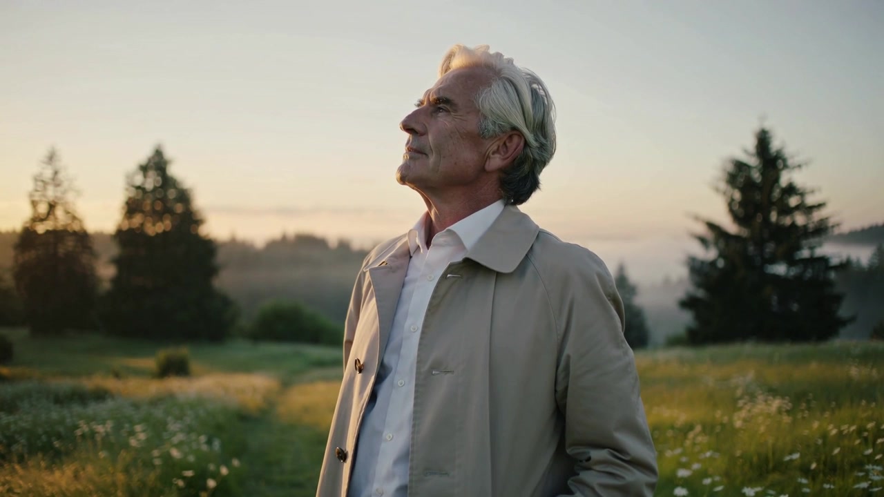 Lifting senior man turning face skyward on grassy path as sun rising, wearing beige trench coat