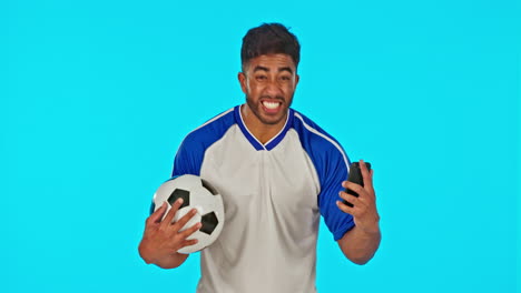 soccer ball, man and celebration with phone