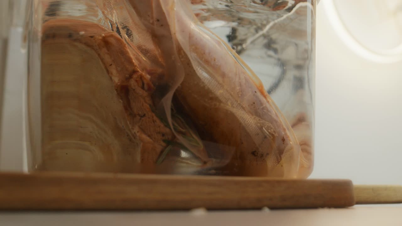 Turkey meat in vacuum packing placed into sous vide cooking machine