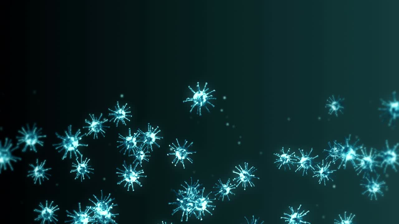 Flying many virus cells on black background. Medical concept, Microscopic illustration. 3D animation of virus molecule rotating. Loop animation.