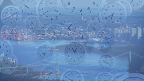 Animation-of-moving-clocks-over-cityscape