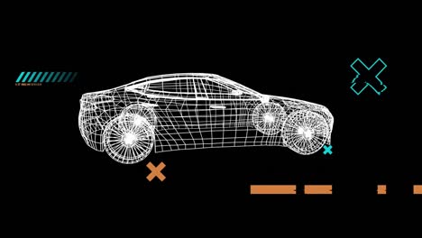 animation of falling shapes over 3d car drawing spinning on black background