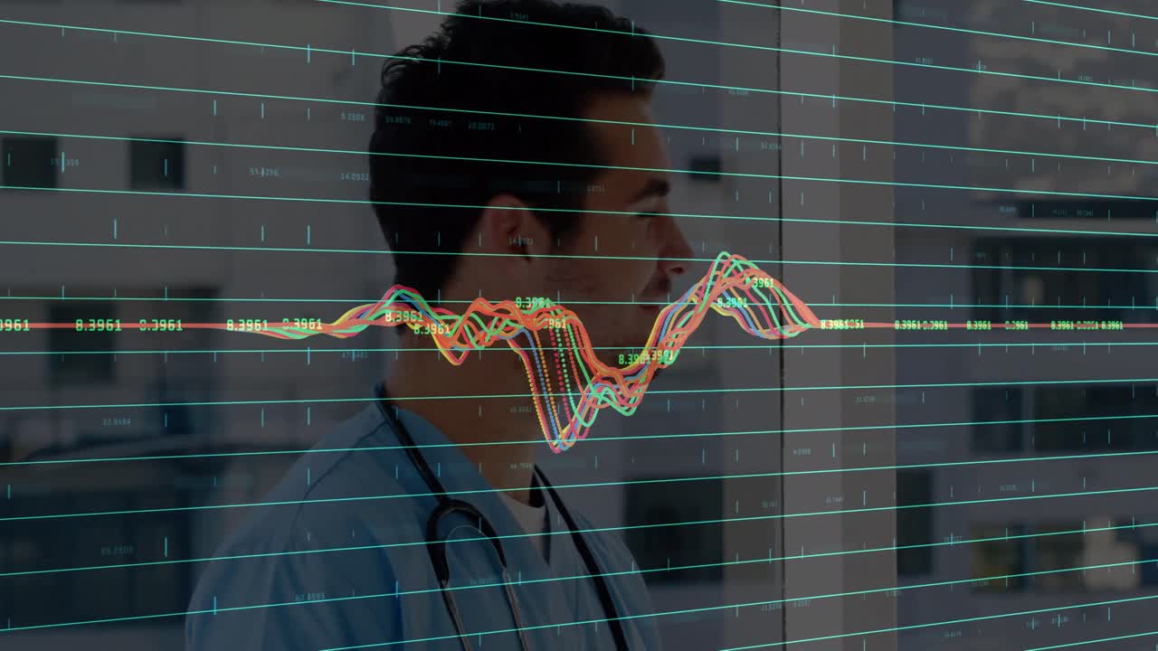 animación de gráficos financieros sobre el médico caucásico mirando a la cámara