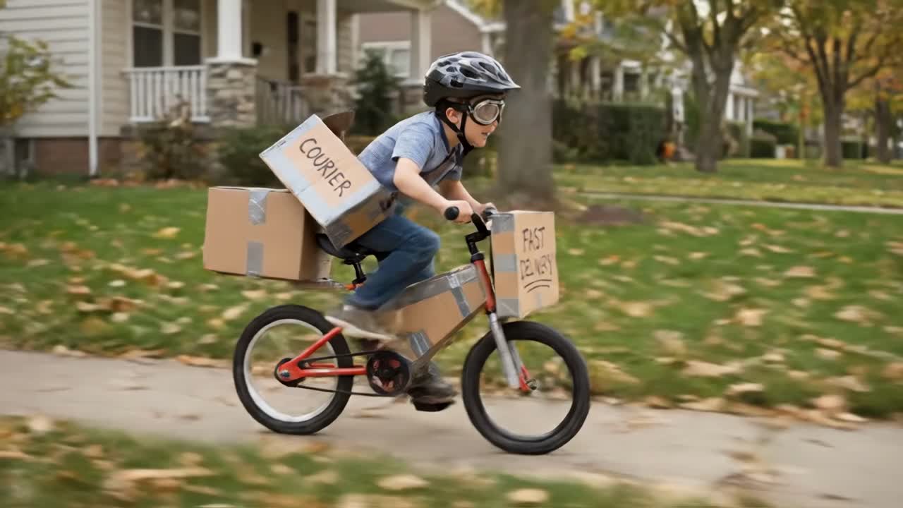 Young Boy Playing Fast Delivery Courier on Bicycle in Autumn Neighborhood