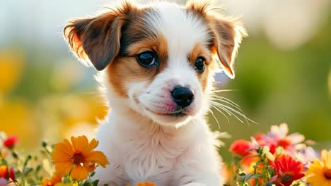 a small dog sitting in a basket of flowers