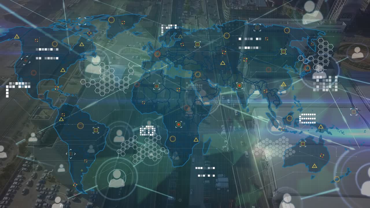Network of profile and world map over multiple arrow icons and aerial view of cityscape