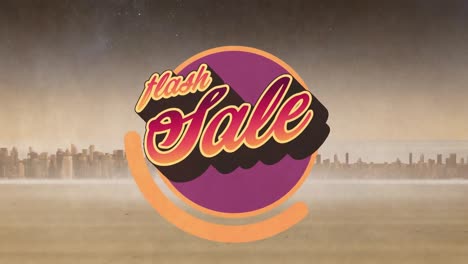 Animation-Von-Flash-Sale-Text-In-Rot-Und-Orange-Auf-Violettem-Kreis-über-Einem-Alten-Film-Mit-Himmel-Und-Stadtbild