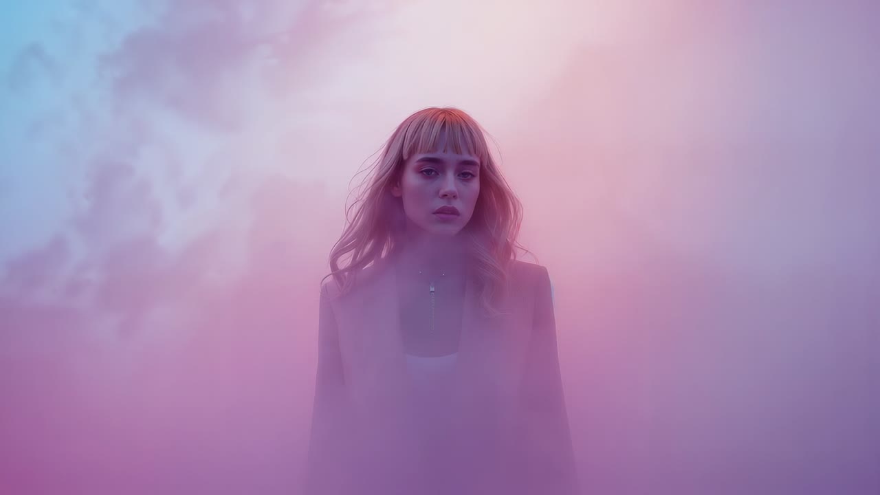 Blinking eyes model shifting gaze and adjusting hair in pastel fog, with pink blazer and necklace