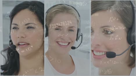 Animation-of-network-of-connections-and-numbers-over-photos-of-businesswomen-using-phone-headsets