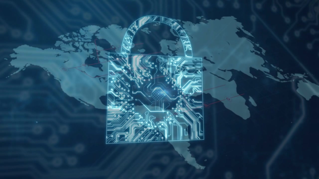 Holographic padlock forming on map load, circuits lighting outward, pulsing sparks securing data
