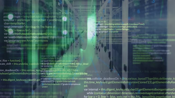 Animation of computer programming language and abstract pattern over server room