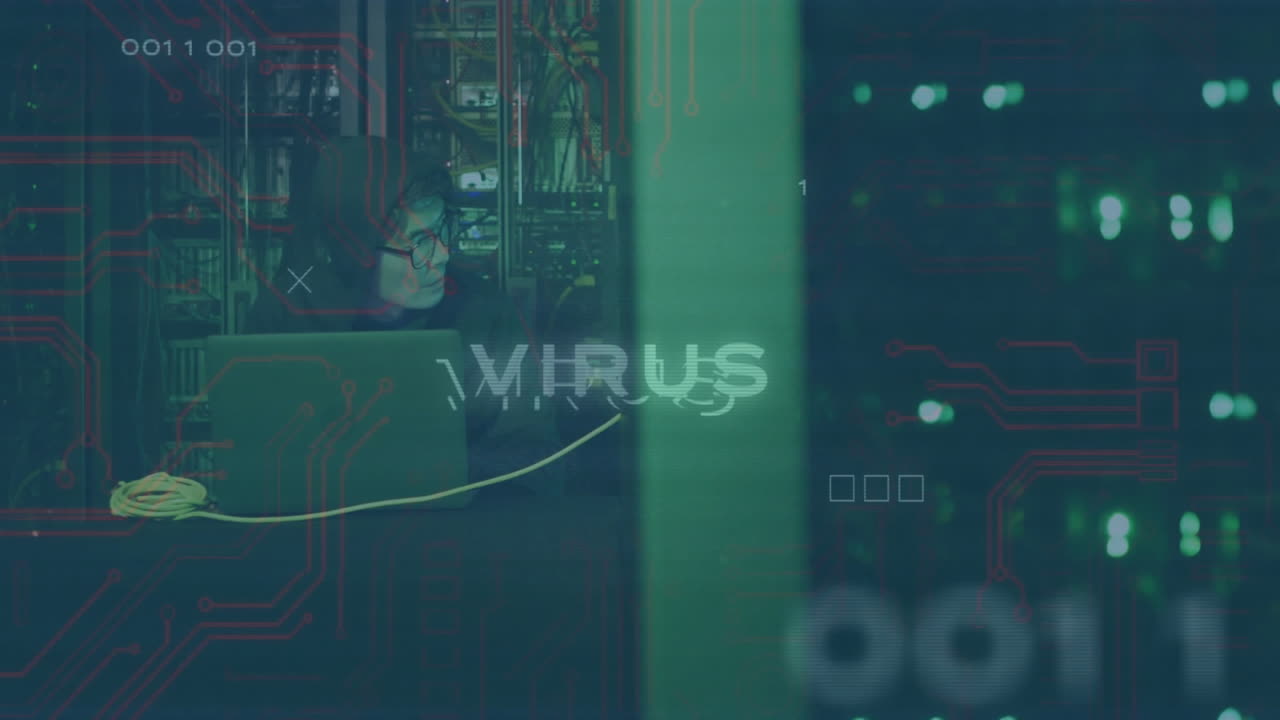 Animation of binary coding and virus text over asian male hacker using laptop in server room