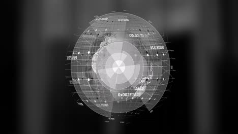 Animation-of-scope-scanning,-numbers-and-data-processing-over-globe