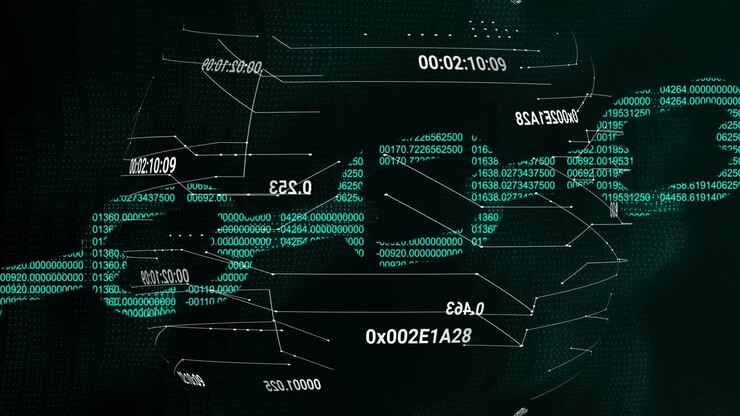 Animation of numbers and block chain on black background