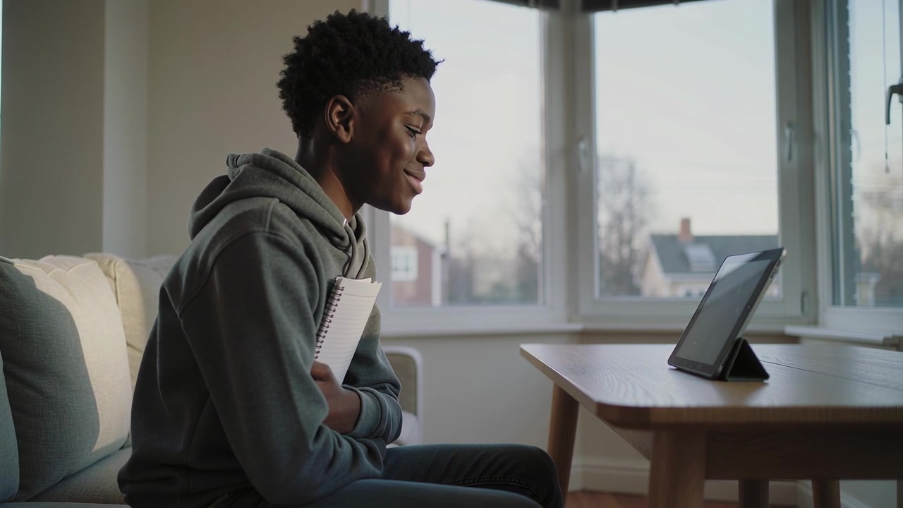 Reacting to lesson starting, teen student in hoodie leaning toward tablet on couch
