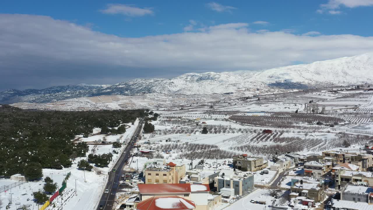 hermoso bosque verde cerca de la ciudad de buqata con en el fondo la montaña hermon en un país de las maravillas de invierno blanco