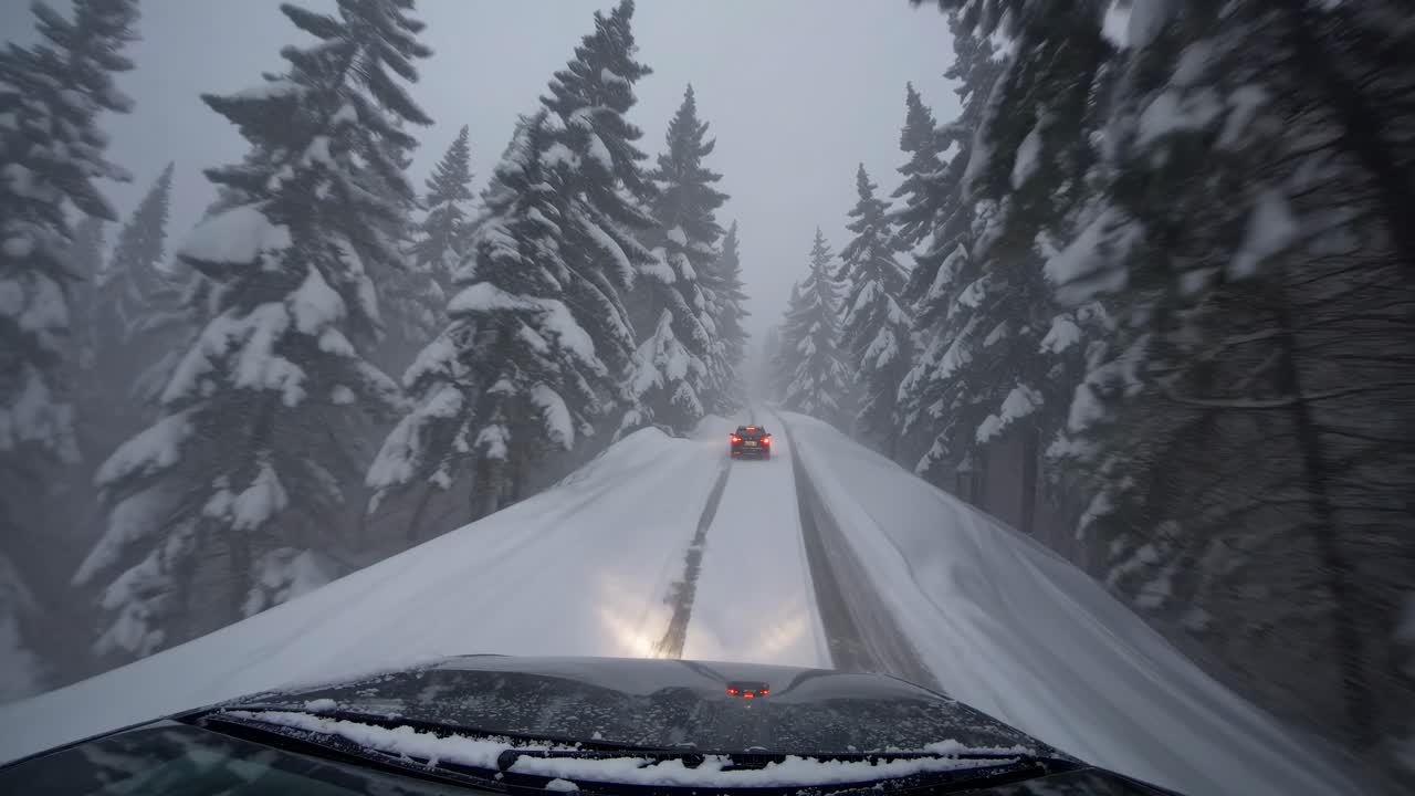 POV video shot from a car hood driving through a snowy forest road