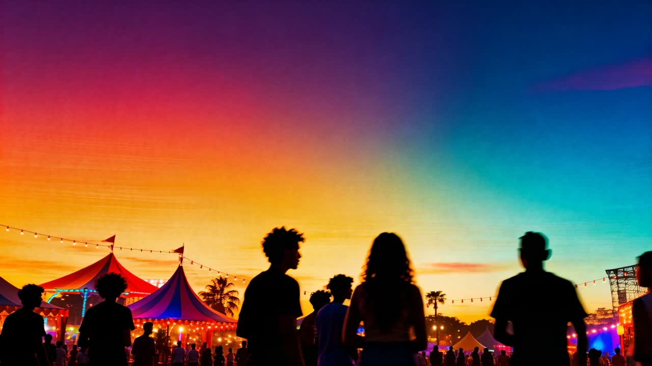 Solnedgang, der tegner en silhuet af en menneskemængde, der bevæger sig mod et tivoli, med glødende festivaltelte og lys.