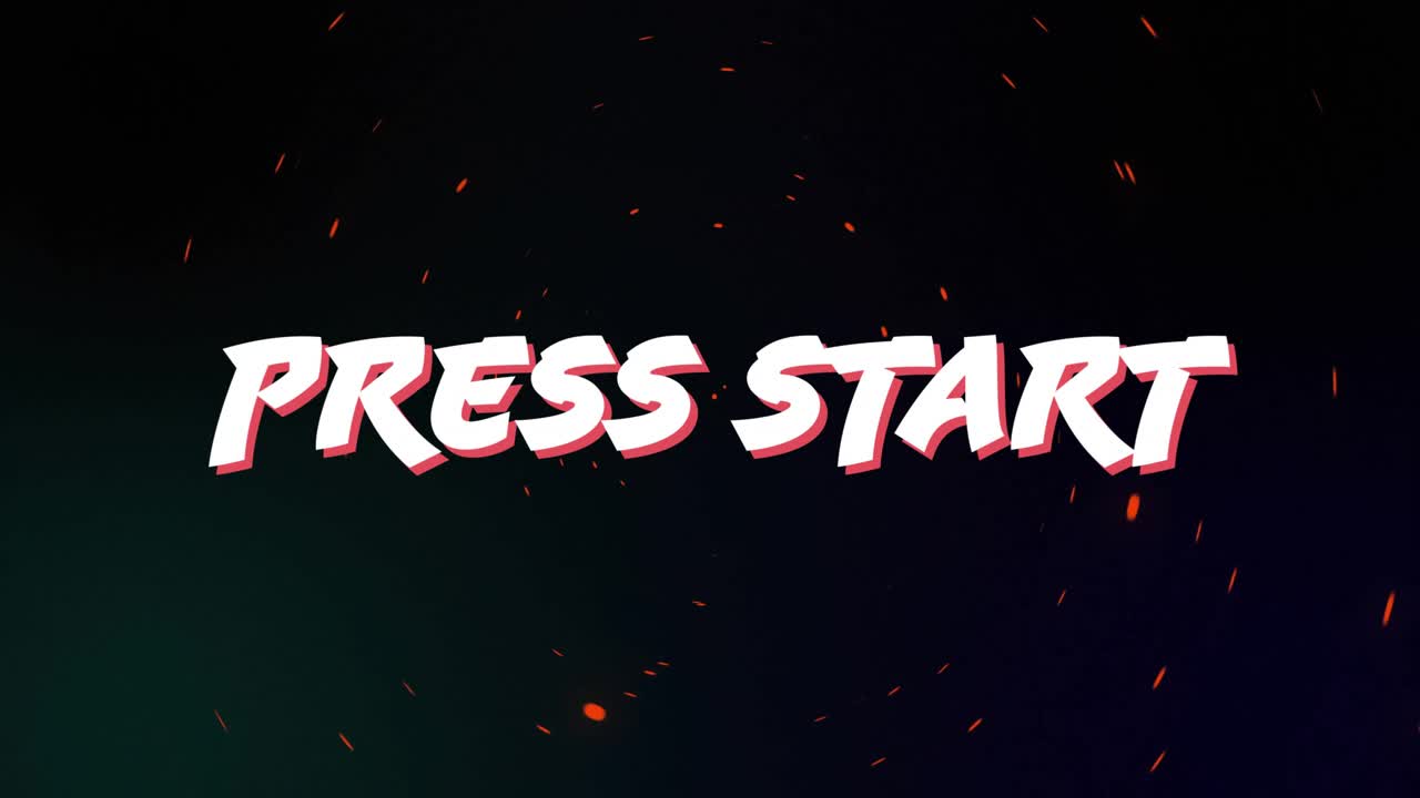 Racing PRESS START text locking central, particles swirling and cycling shades, inviting game start