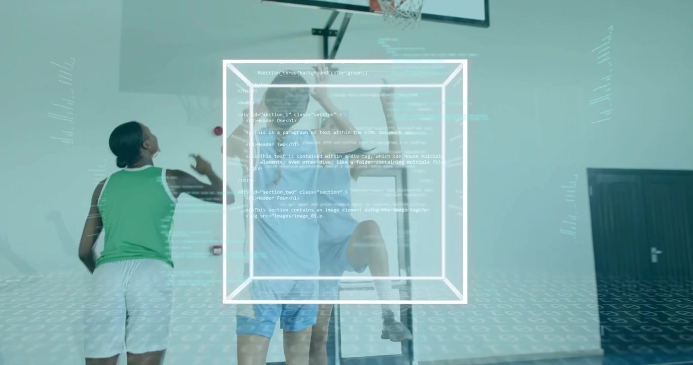 Player in green jersey dribbling and shooting on court after faking while cube analyzing positions