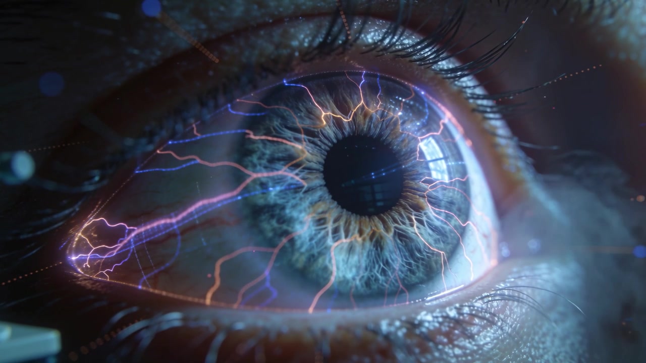 Un occhio che forma filamenti luminosi attraverso l'iride, mentre un dispositivo vicino si attiva in clinica, con un morsetto.