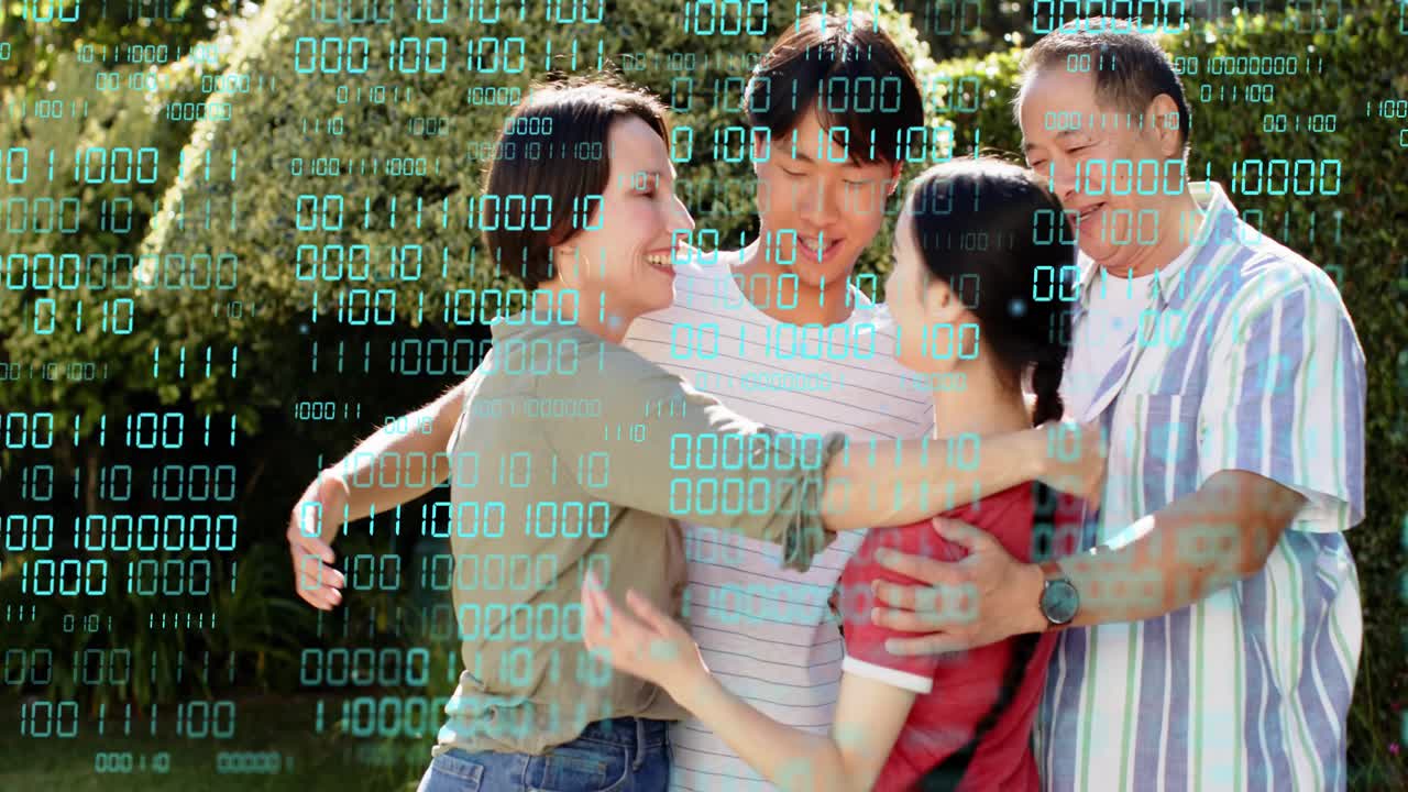 Family of four leaning in, hugging warmly in garden, teal binary tech overlay obscuring faces
