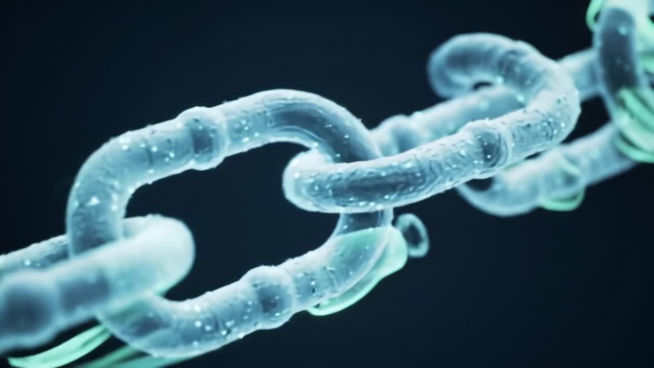 Detailed visual of interconnected transparent chains symbolizes digital security and blockchain technology, emphasizing strength and innovation in cybersecurity practices.