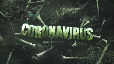 animated closeup text coronavirus and mystical horror background with dark bones