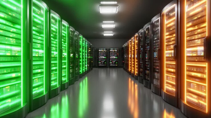 A High-Tech Data Center Featuring Rows of Colorful Servers and Advanced Computing Equipment, Highlighting the Future of Technology and Data Management