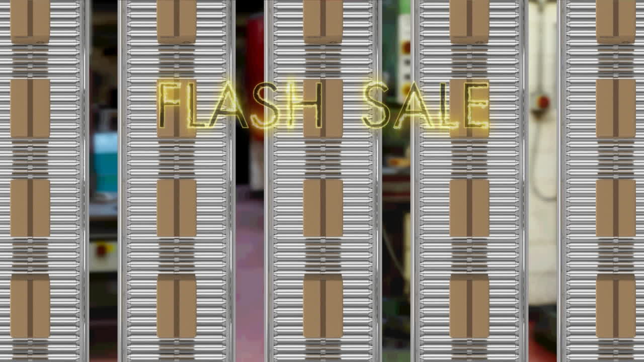 공장에 대항하는 컨베이어 벨트에 있는 여러 배달 상자 위에 네온 노란색 플래시 판매 텍스트 배너