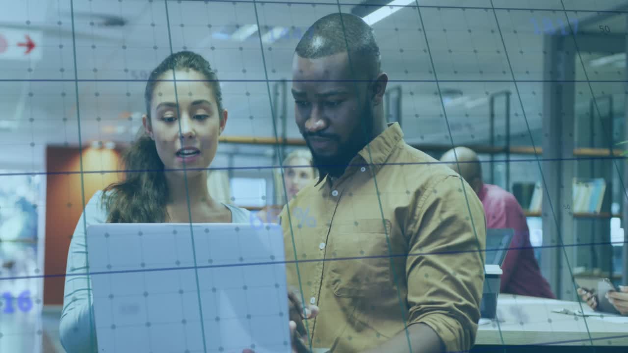 Animation of data processing over diverse business people in office