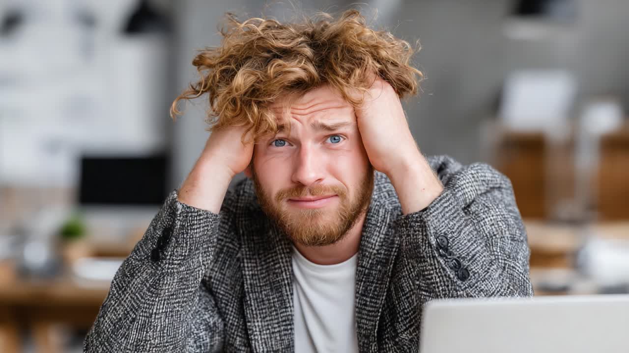 A young man with curly hair shows signs of stress and frustration while sitting at a desk, representing the challenges of modern work and emotional strain in a professional environment