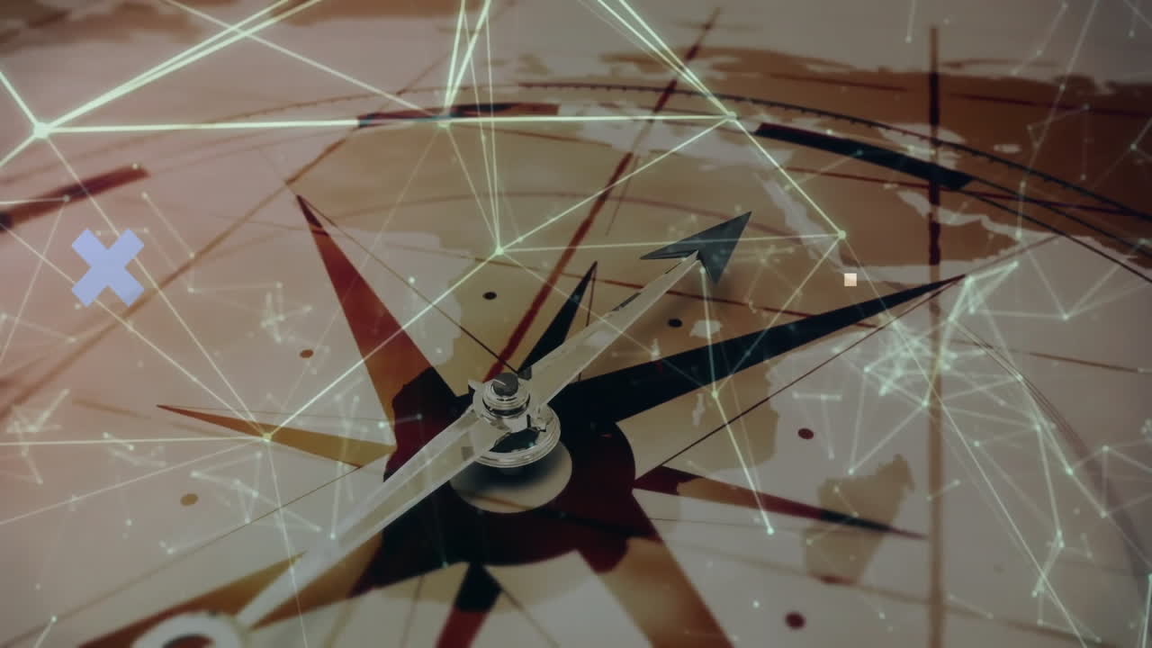 Digital network connections and geometric shapes overlay on map with compass