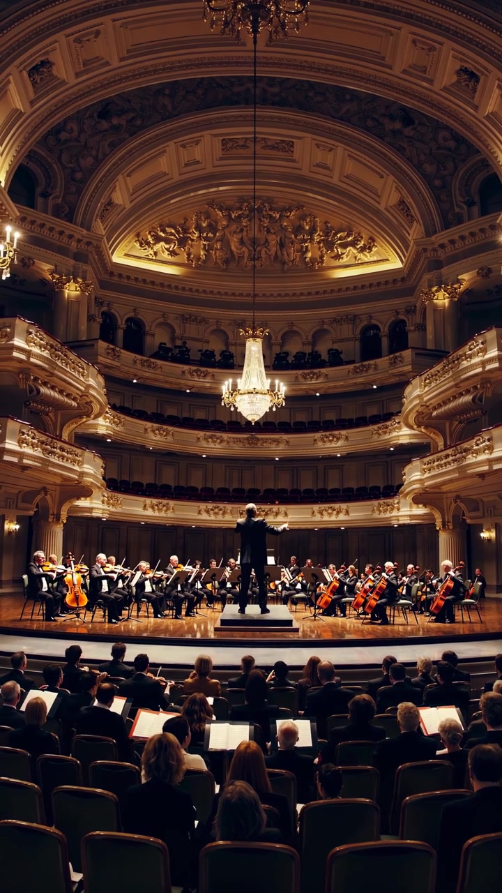 Direttore d'orchestra che dirige un'orchestra sinfonica in una grande sala da concerto