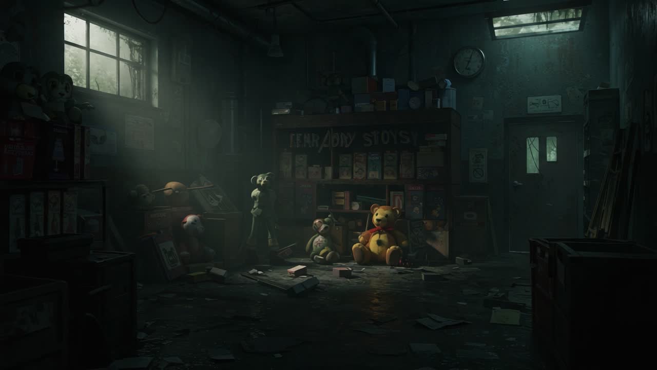 An abandoned room filled with old toys and forgotten memories, showcasing a dimly lit atmosphere that evokes nostalgia and eerie emotions