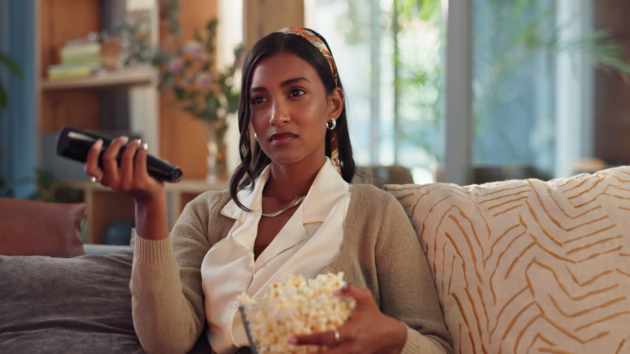 mujer viendo la televisión con palomitas de maíz