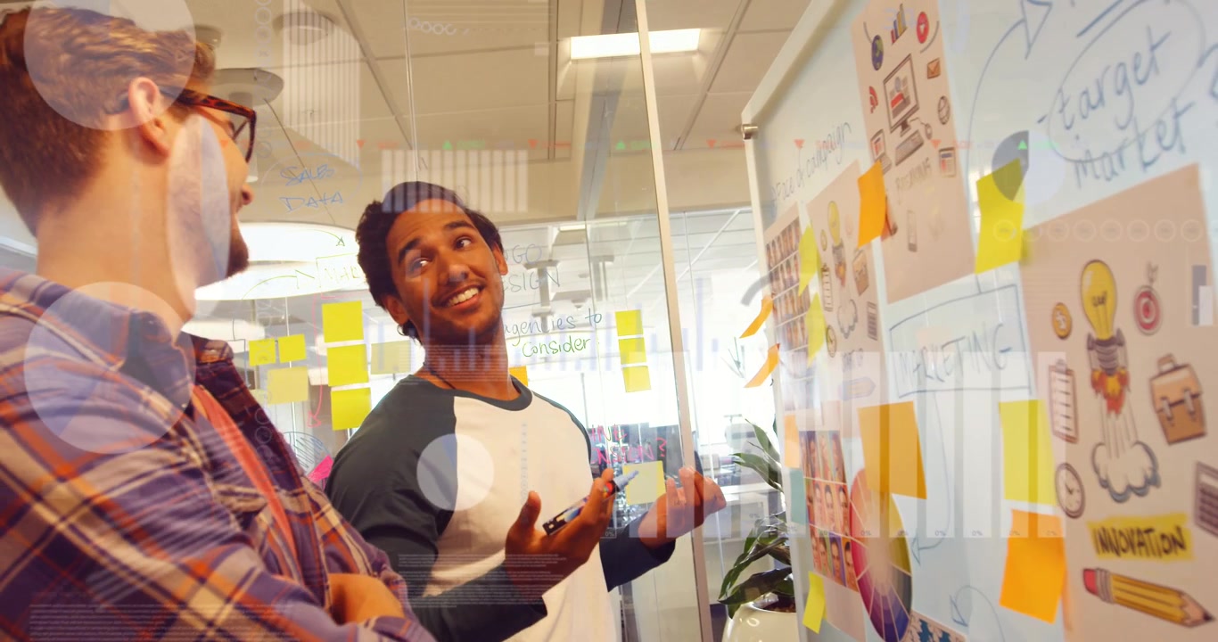 Animation of data processing over diverse business people at office