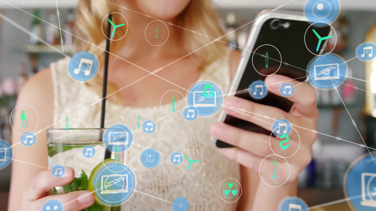 Digital icons and network connections animation over woman using smartphone at cafe
