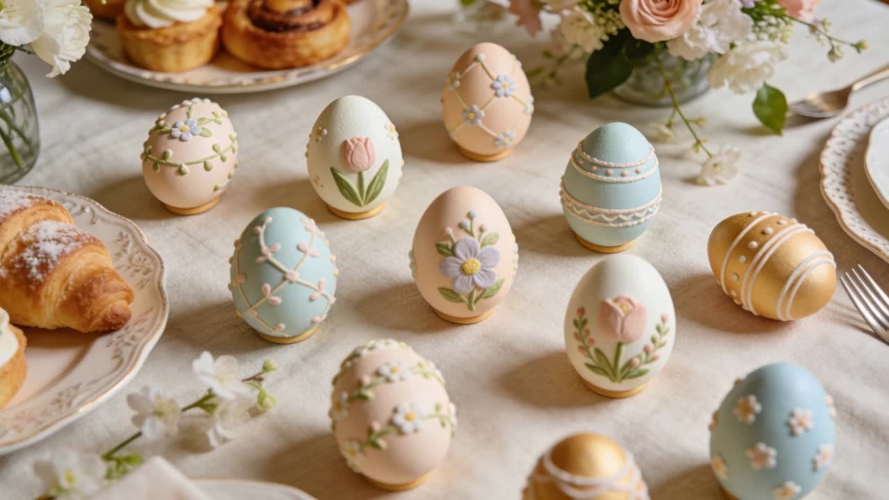 Shot starting, panning camera moving closer to iced pastel eggs on linen table, showing piping