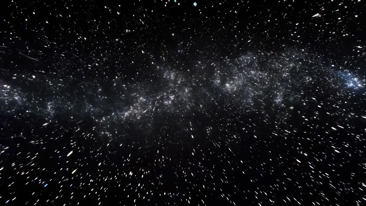A dynamic video scene of a star-filled galaxy, captured from a wide-angle perspective