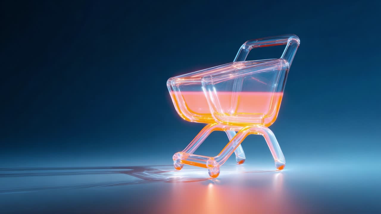 A Modern Transparent Shopping Cart with an LED Glow Effect on a Smooth Gradient Background, Highlighting Contemporary Design and Innovation in Retail and Shopping Experiences
