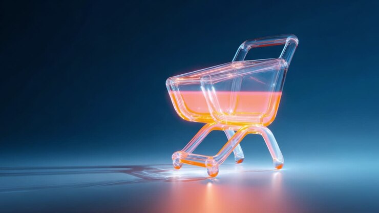 A Modern Transparent Shopping Cart with an LED Glow Effect on a Smooth Gradient Background, Highlighting Contemporary Design and Innovation in Retail and Shopping Experiences