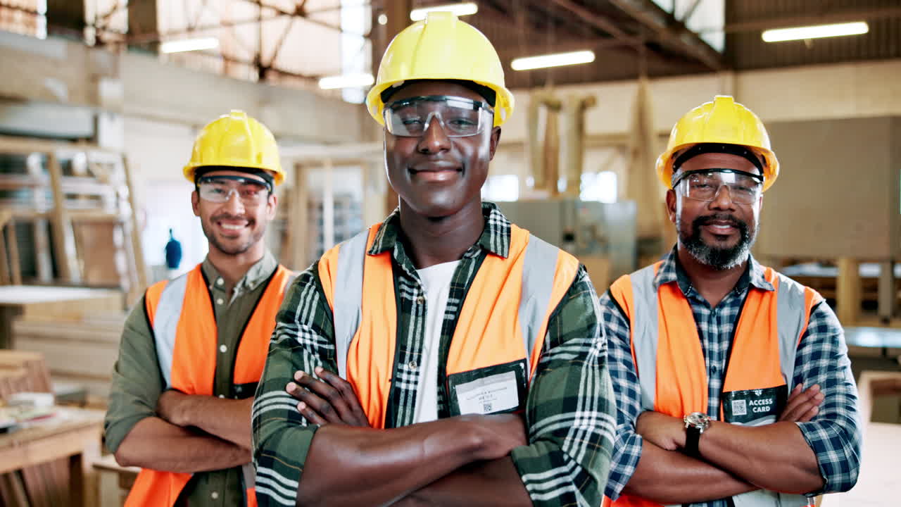 Três Trabalhadores da Construção Multiétnicos e Confiantes em Pé em uma Oficina