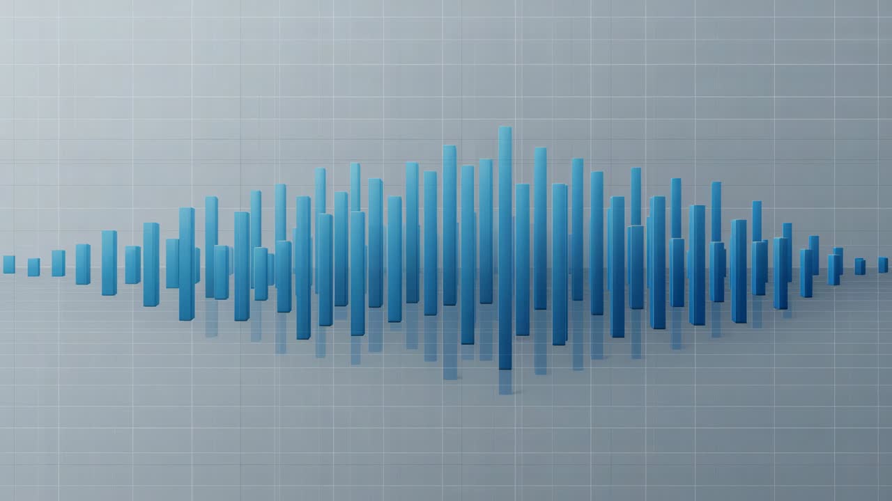 Growing center 3D bars forming peak, settling with amplitude rising on gray grid, glossy plane