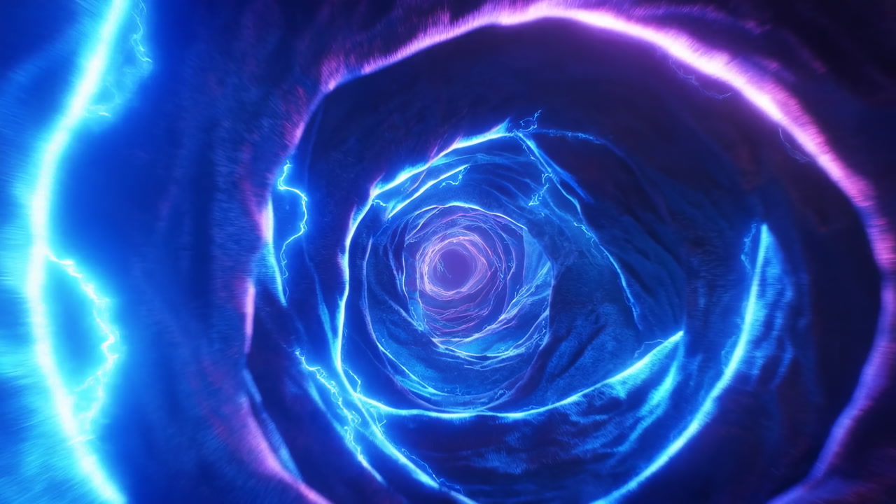 Blue Electric Portal Tunnel With Lightning, Energetic Spiral Motion And Neon Plasma Ribbons, Futuristic