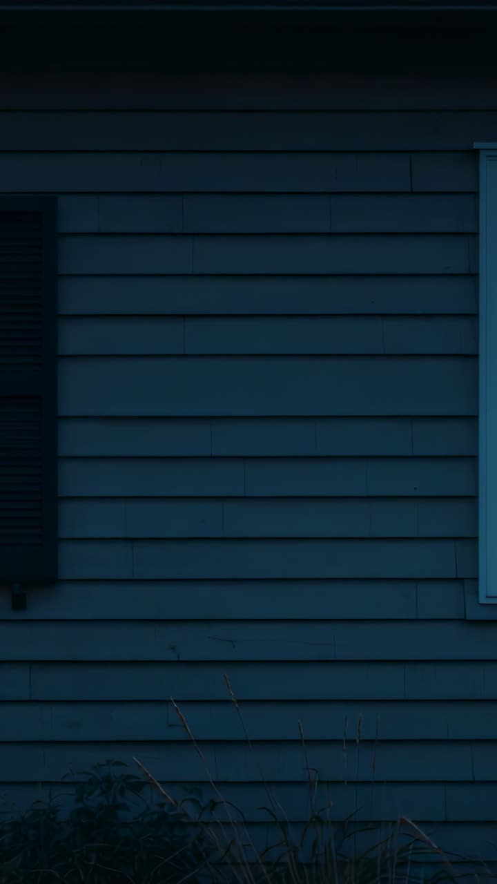 Vertical video: Recording fixed camera showing siding at dusk in yard with shutter white trim grass