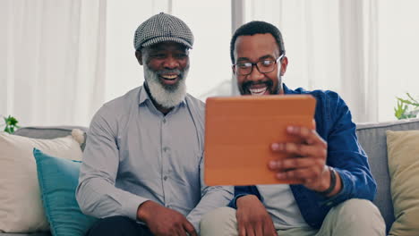 Senior-father,-man-and-talking-with-tablet