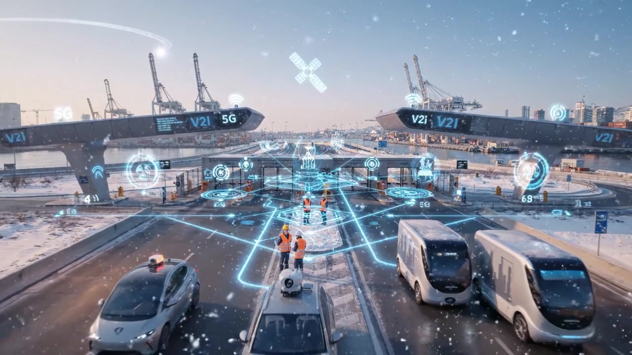 Vista aerea di una moderna stazione di pedaggio integrata con tecnologia avanzata, che mostra veicoli, interfacce digitali e uno sfondo industriale innevato con gru e container.
